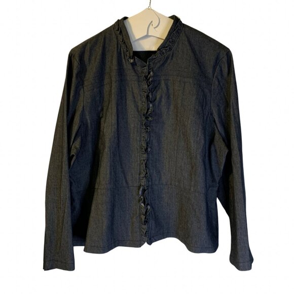 Sandro Studio Womens Denim Jacket Plus Size 3X Blue Ruffled Full Zip Boxy Career - Picture 1 of 8
